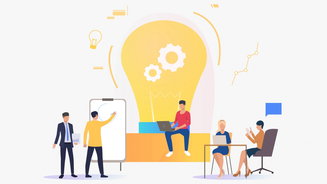 Light bulb, people discussing ideas and working. Innovation, study, work concept. Vector illustration can be used for topics like business, education, research