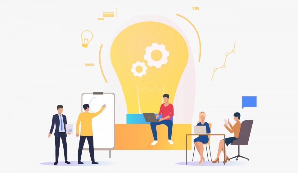 Light bulb, people discussing ideas and working. Innovation, study, work concept. Vector illustration can be used for topics like business, education, research