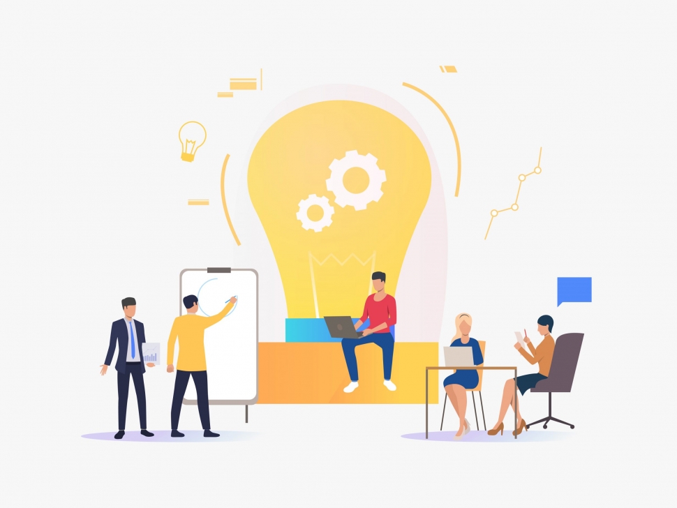 Light bulb, people discussing ideas and working. Innovation, study, work concept. Vector illustration can be used for topics like business, education, research